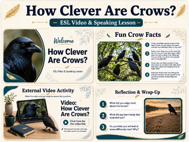 Learning Crow How Clever Are Crows? ESL Speaking Lesson | B1-C2 | Teaching Resources