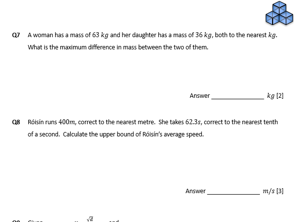 W12a Bounds (limits of accuracy) - GCSE maths exam questions Q&A (pdf)