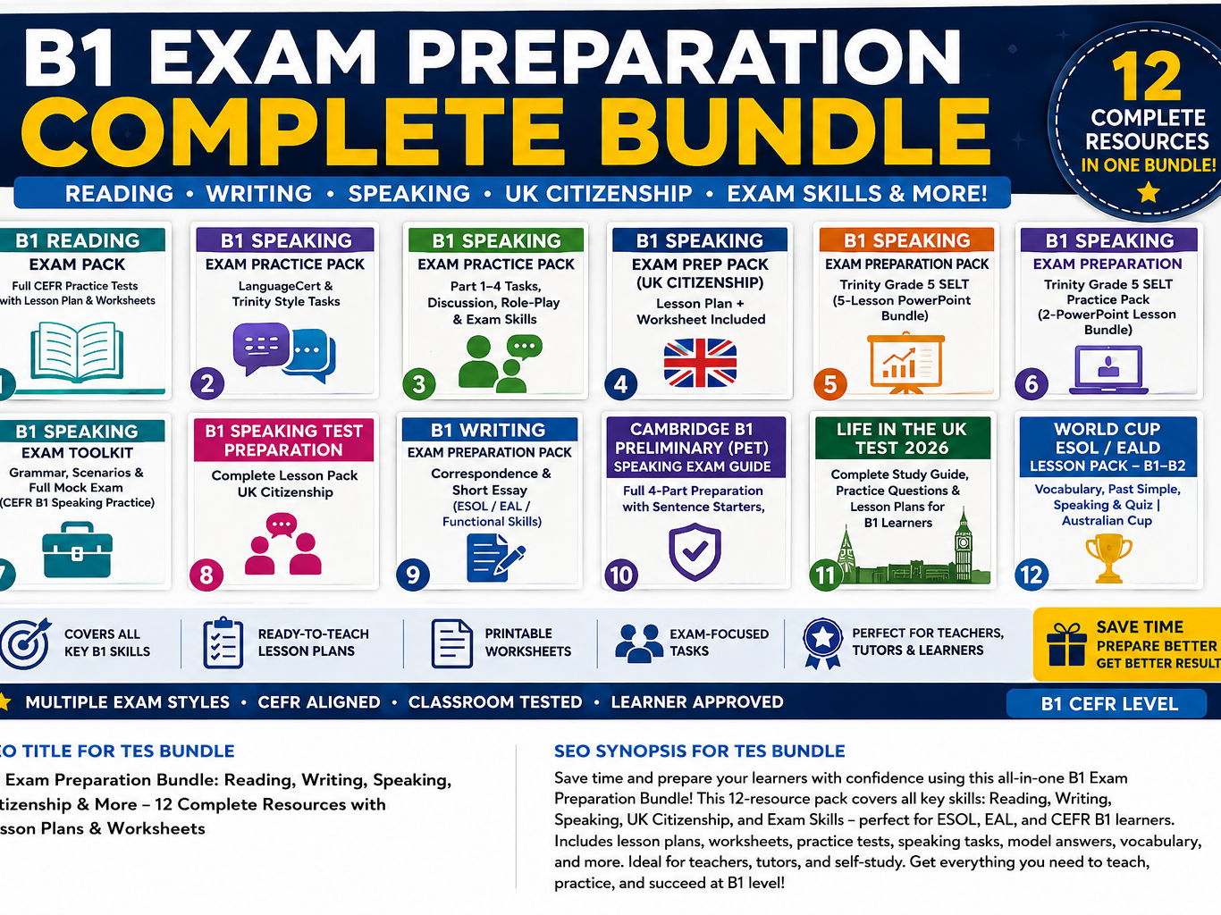 B1 Exam Preparation Mega Bundle | 12 Exam Packs, 17 PowerPoints, Lesson Plans & Worksheets for Speaking, Reading, Writing & UK Citizenship
