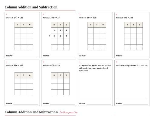 Column Addition and Subtraction Worksheet KS3