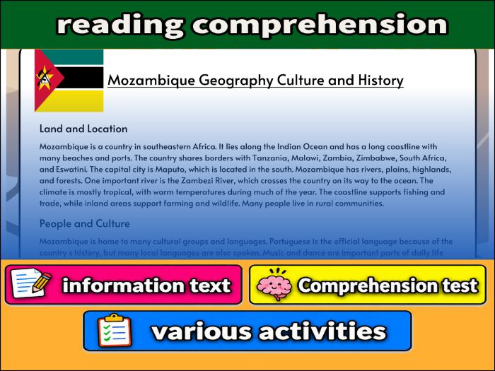 Mozambique Geography Culture and History- Reading Comprehension, Worksheet & Activities