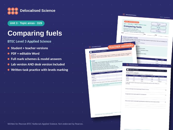BTEC Applied Science Unit 3: Comparing fuels (D29) - worksheet + answers