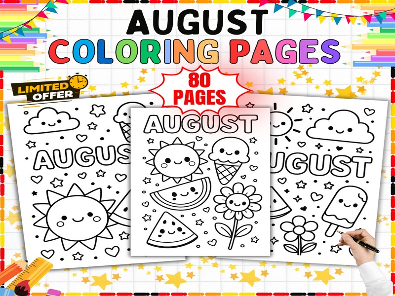 August Coloring Pages | 80 Page Coloring Sheets | Summer Fruit and School Fun