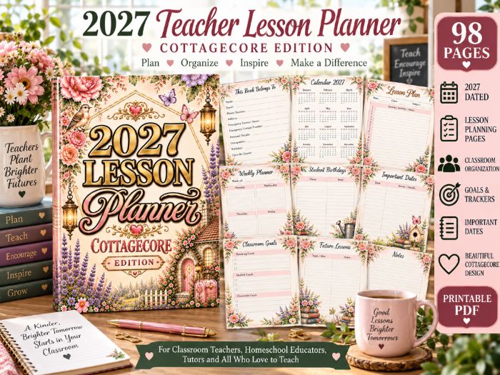 2027 Cottagecore Teacher Lesson Planner | 98-Page Classroom Planner, Weekly Planning, Goals & Teache