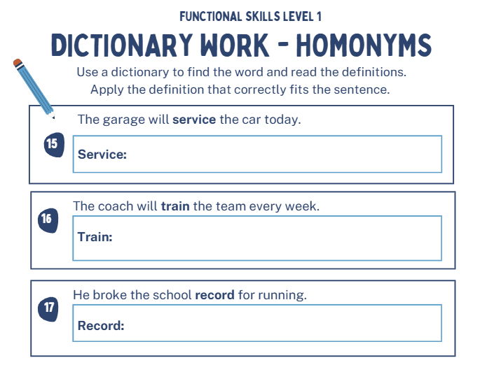 Functional Skills English Level 1 - Homonyms & Dictionary work