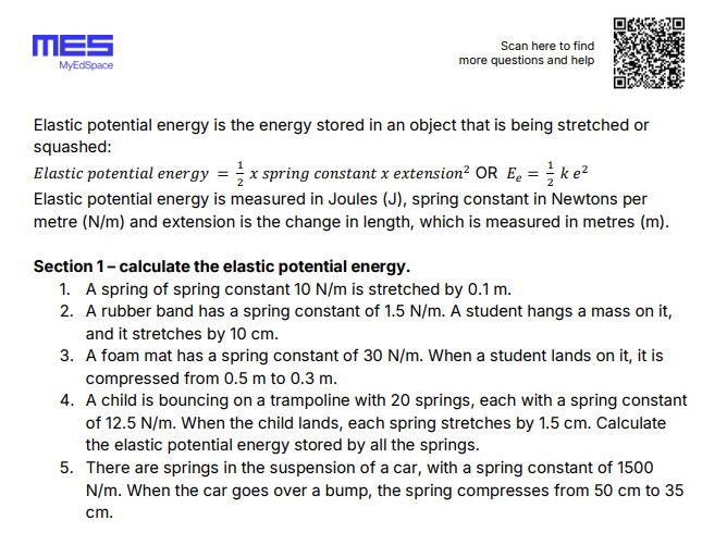 GCSE Physics AQA HT Topic 1: Elastic Potential Energy Worksheet