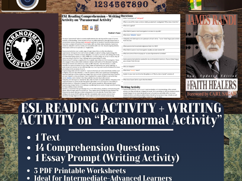 ESL Reading Comprehension + Writing Activity Worksheets on Paranormal Activity
