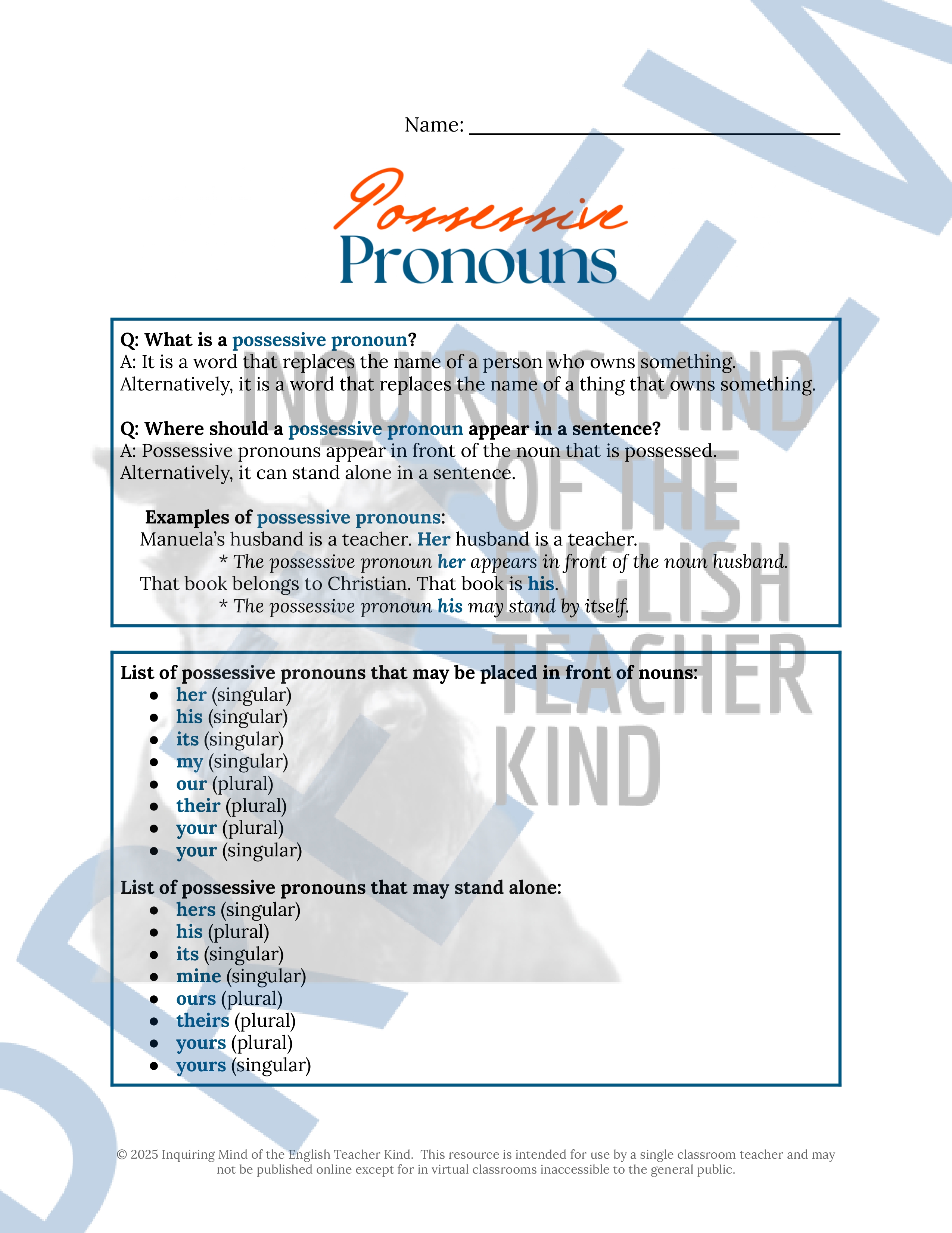 Grammar Review Practice Worksheet on Possessive Pronouns | Teaching ...