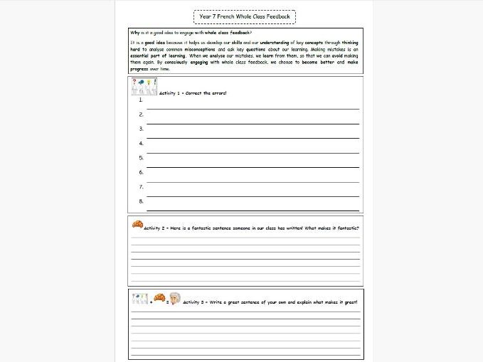 Whole Class Feedback Sheet MFL Languages