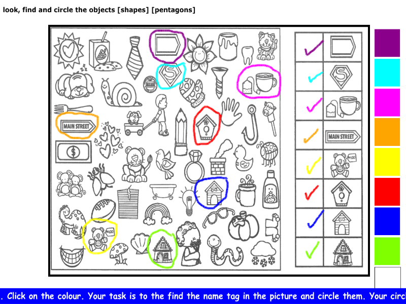 look, find and circle the objects [shapes] [pentagons]