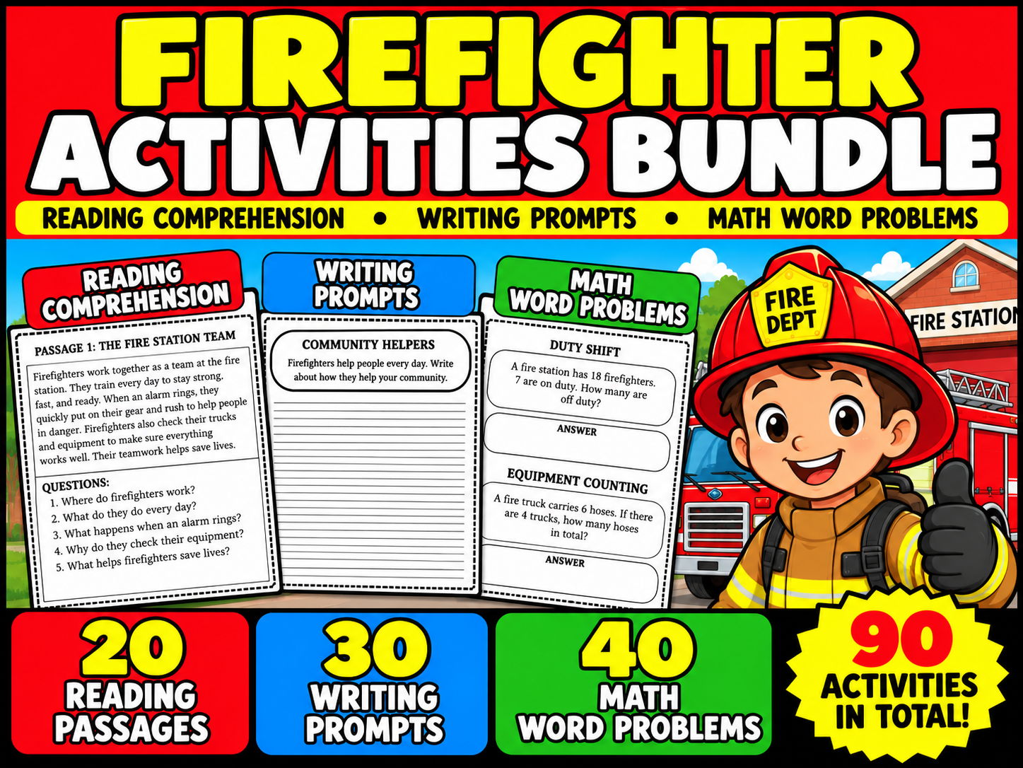 Firefighter Activities Bundle | Reading Comprehension, Writing Prompts and Math