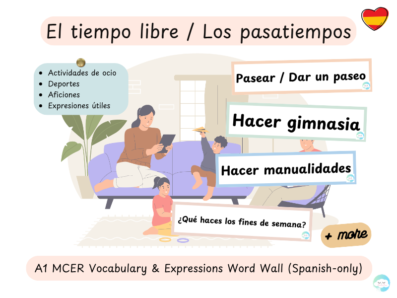 El tiempo libre / Los pasatiempos – A1 MCER Vocabulary & Expressions Word Wall (Spanish-only)