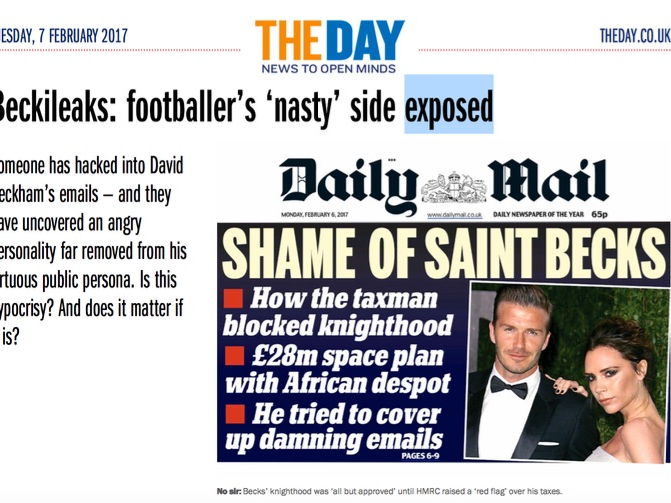 "Beckileaks: footballer’s ‘nasty’ side exposed": news inspired learning (media, psychology)