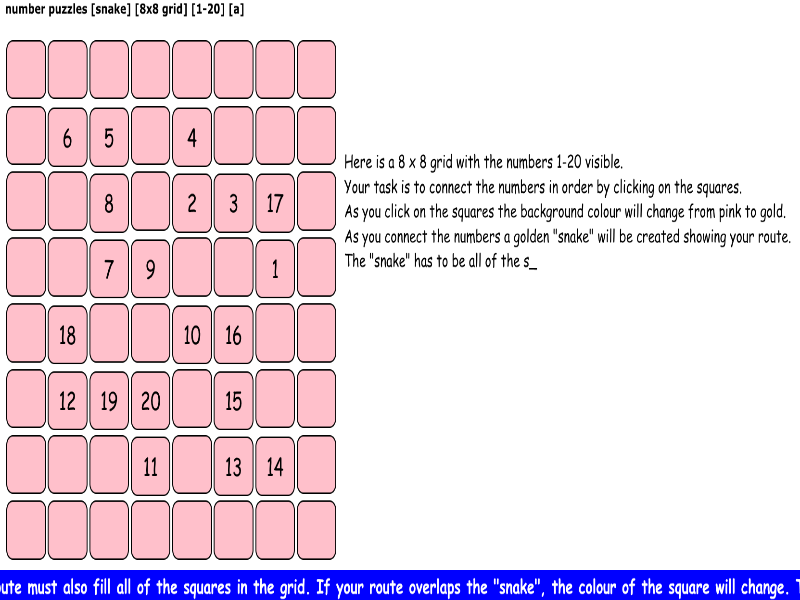 number puzzles [snake] [8x8 grid] [1-20] [a]