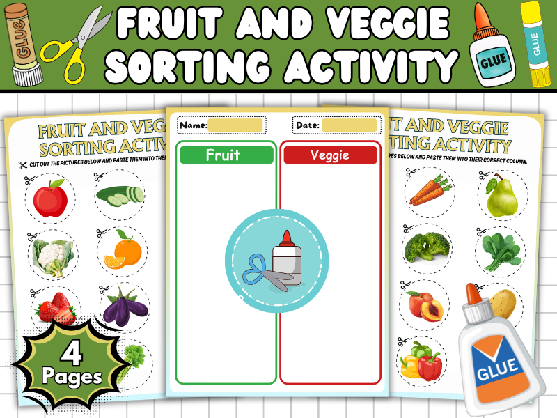 Fruit and Vegetable Sorting Activity-Healthy Food Classification Worksheet-Cut and Paste Activity