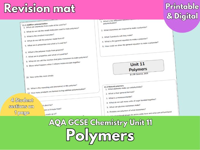 Polymers Revision Mat | AQA GCSE Chemistry Unit 11 | Addition & Condensation Polymerisation