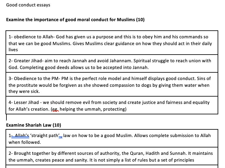 Good Conduct in Islam Essay Plans