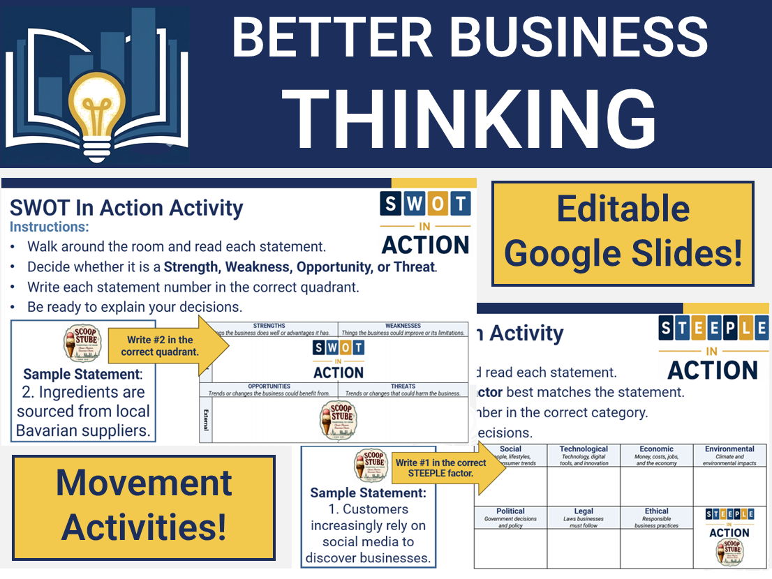 IB Business - BMT -SWOT & STEEPLE In Action Movement Activities Teaching Bundle