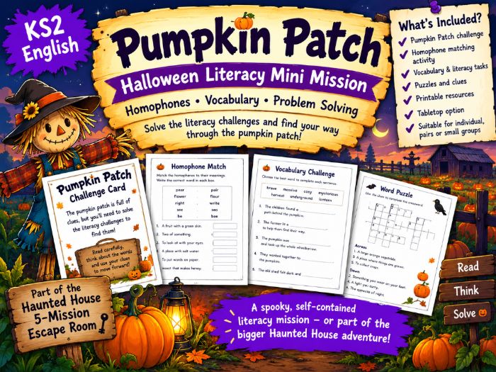 Pumpkin Patch Halloween Escape Room Mini Mission | Literacy, Vocabulary & Writing Activities