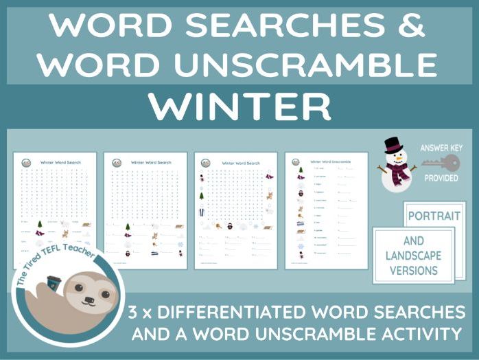 ESL Winter Differentiated Word Searches and Word Unscramble