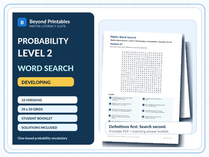 Probability Level 2 Maths Word Search | 10 Printable Vocabulary Puzzles with Solutions