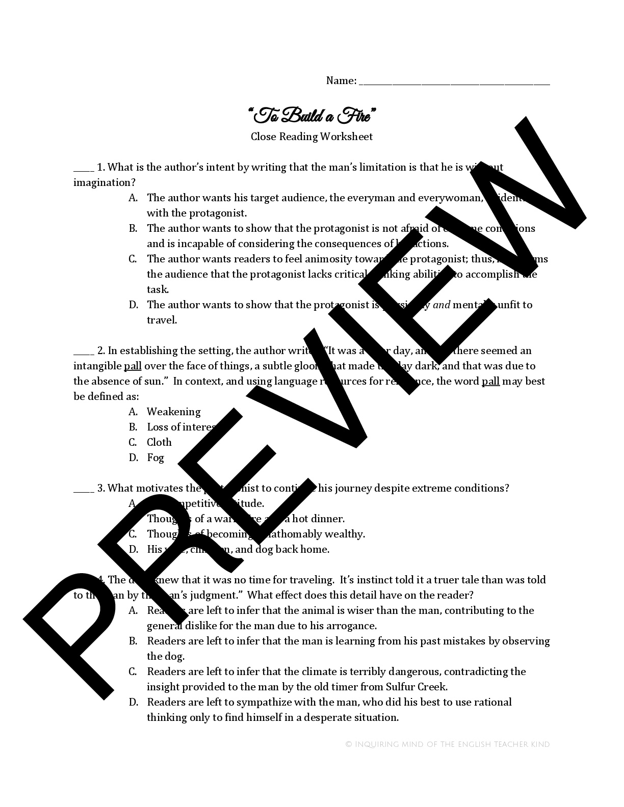 To Build A Fire Close Reading Worksheet Teaching Resources