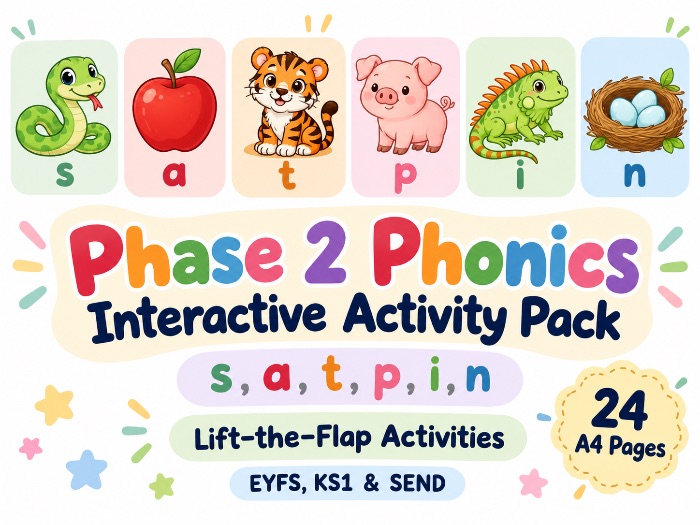 Phase 2 Phonics Interactive Activity Pack | s, a, t, p, i, n | Lift-the-Flap Activities | EYFS, KS1