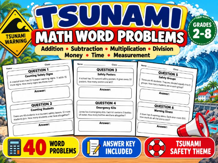 Tsunami Warning Signs Math Word Problems | 40 Questions & Answer Key