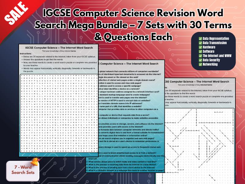 IGCSE Computer Science Revision Word Search Mega Bundle – 7 Sets with 30 Terms & Questions