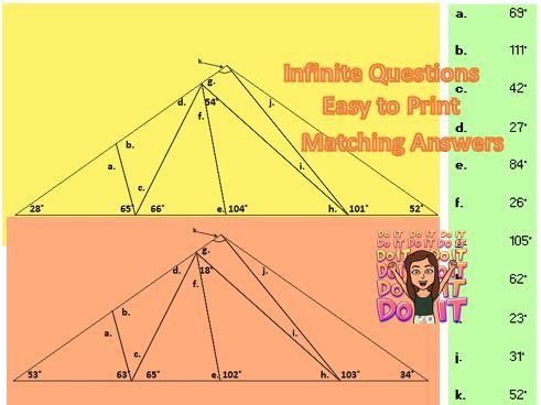 KS3 KS4 Angles in a Triangle, and Angles on a Straight Line; Worksheet Generator; Answers