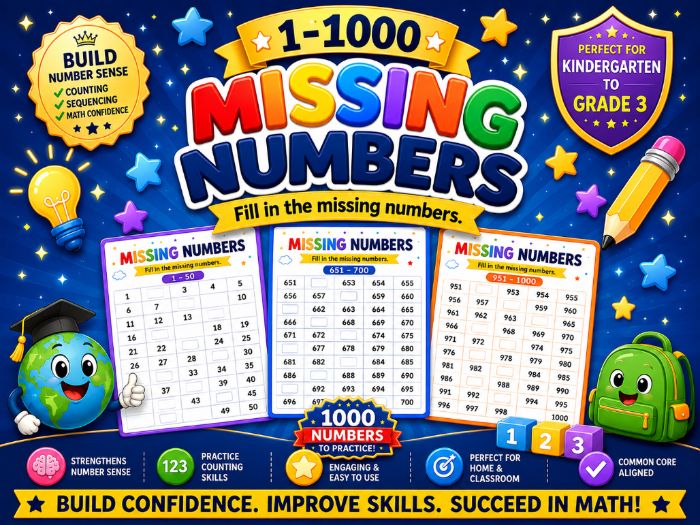 Missing Numbers 1-1000 Worksheets | Number Sense & Counting Practice Kindergarten to 3rd Grade
