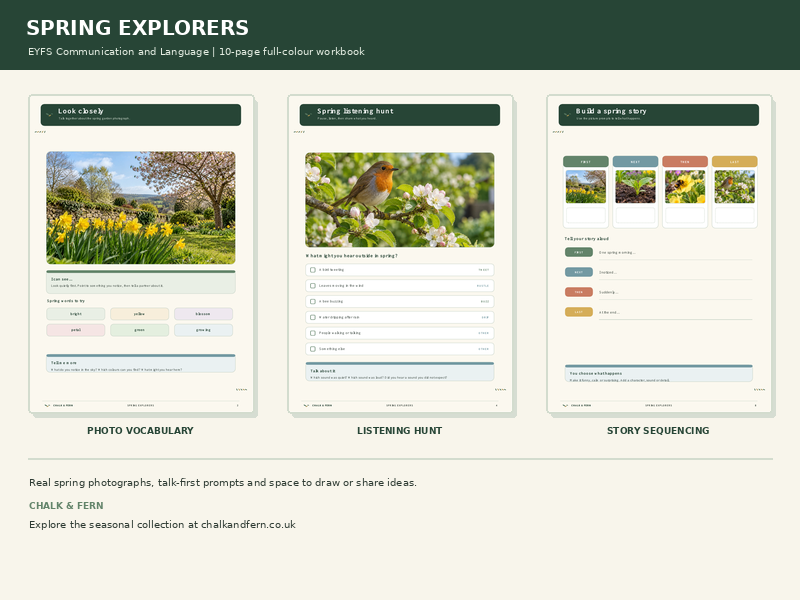 Spring Explorers: EYFS Communication and Language Workbook | Spring Photo Activities