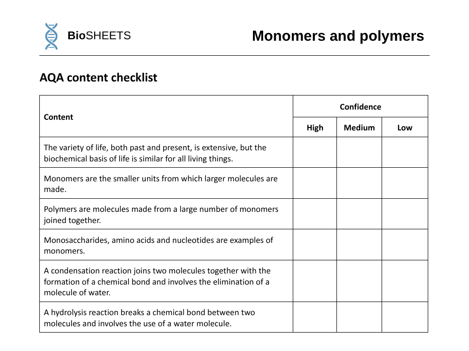[FREE] AQA A-Level Biology: 1.1 Monomers & Polymers – BioSHEETS Complete Study & Practice Pack