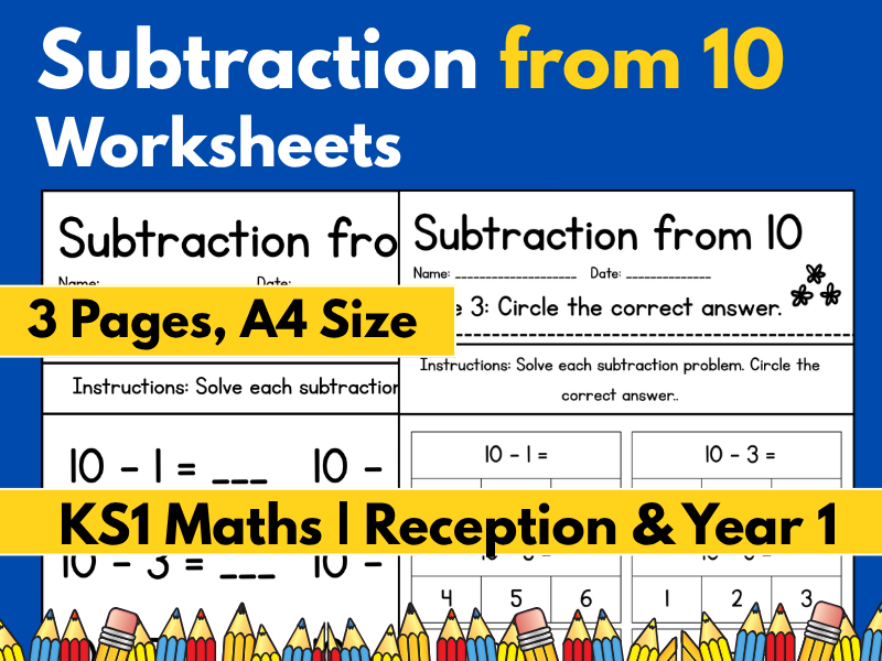 Subtraction from 10 Worksheets | KS1 Maths | Reception & Year 1 | Missing Numbers