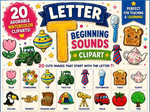 Letter T Beginning Sounds Clipart | Watercolor Alphabet Clipart