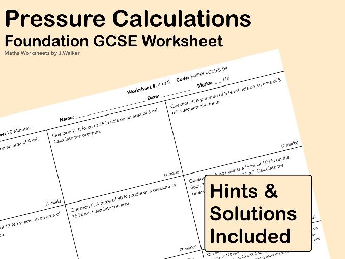 GCSE Maths Worksheet: Pressure Calculations - Foundation Tier