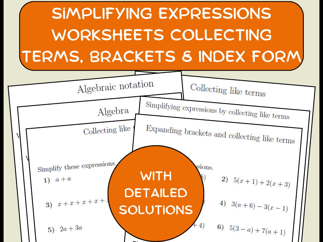 Simplifying Expressions Worksheets | Collecting Terms, Brackets & Index Form