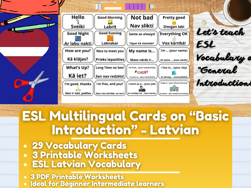 ESL Multilingual Vocabulary Flashcards on "General Introductions" - Latvian