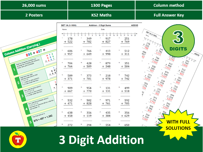 26,000 Addition Sums - 3 Digit Sums