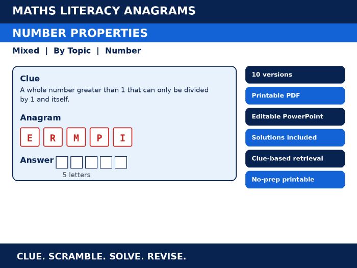 Maths Literacy Anagrams: Number Properties | 10 Worksheets, Editable PowerPoint + Solutions