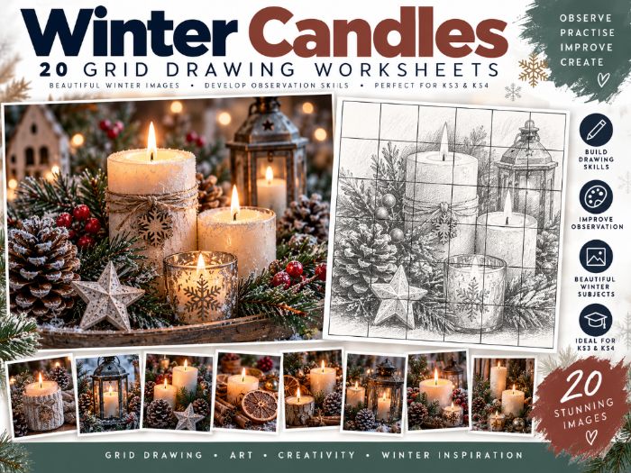 Winter Candles Grid Drawing Worksheets | 20 Christmas & Winter Art Activities | KS3 & KS4