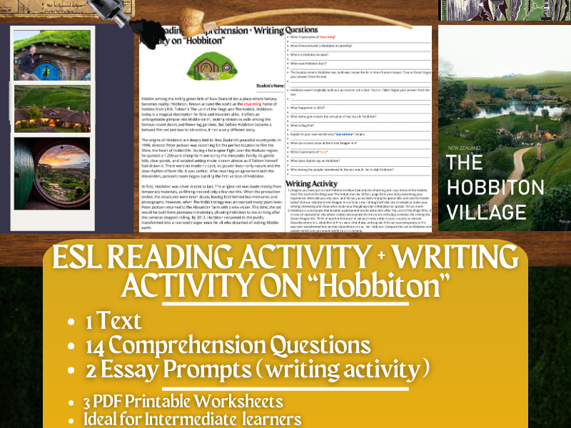 ESL Reading Comprehension + Writing Activity Worksheets on "Hobbiton"