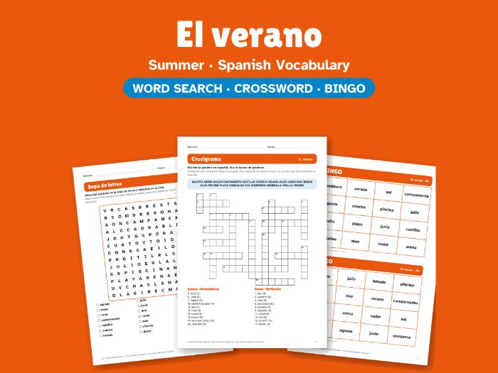 Summer in Spanish: Word Search, Crossword & Bingo
