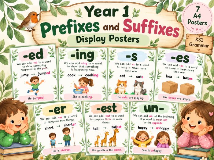 Year 1 Prefixes and Suffixes Display Posters | -ed, -ing, -er, -est, -s, -es and un- | KS1 Grammar