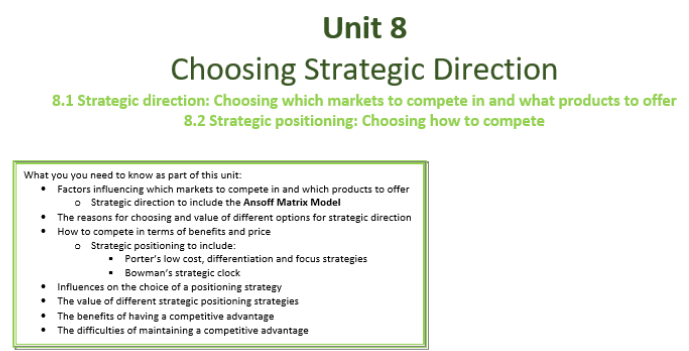 AQA A Level Business  - Unit 8 Choosing Strategic Direction Summary
