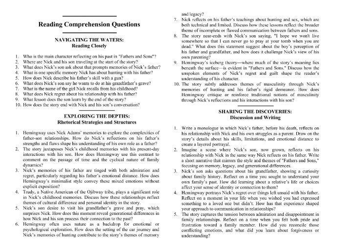 Fathers and Sons by Ernest Hemingway with Reading Comprehension Questions