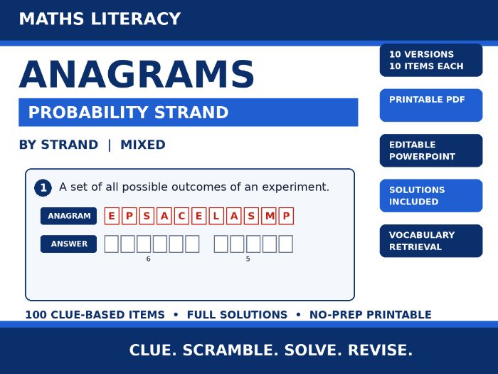 Maths Literacy Anagrams: Probability Strand | 10 Worksheets, Editable PowerPoint + Solutions