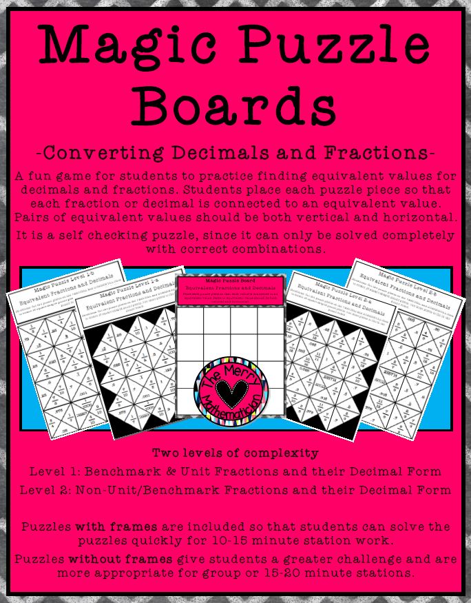 Magic Puzzle Boards Equivalent Decimals and Fractions