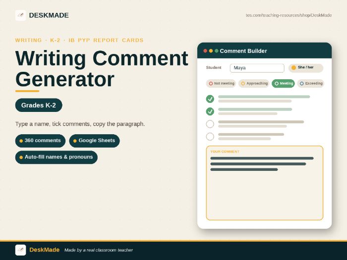 Writing Comment Generator | Grades K–2 | IB PYP Report Cards