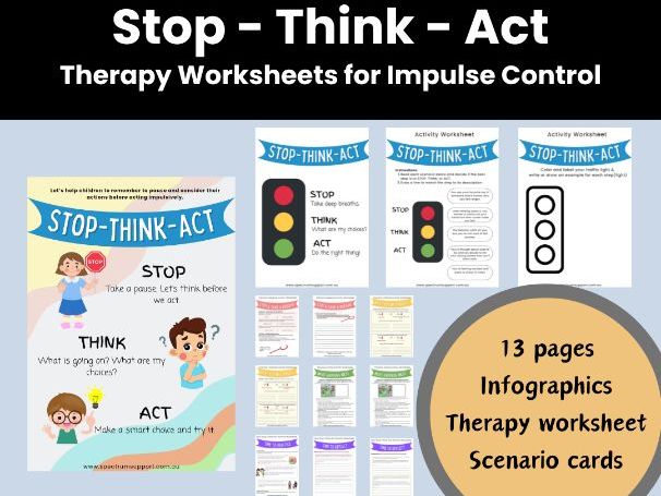 Stop Think Act Therapy Worksheets for Kids with ADHD Autism Spectrum CBT